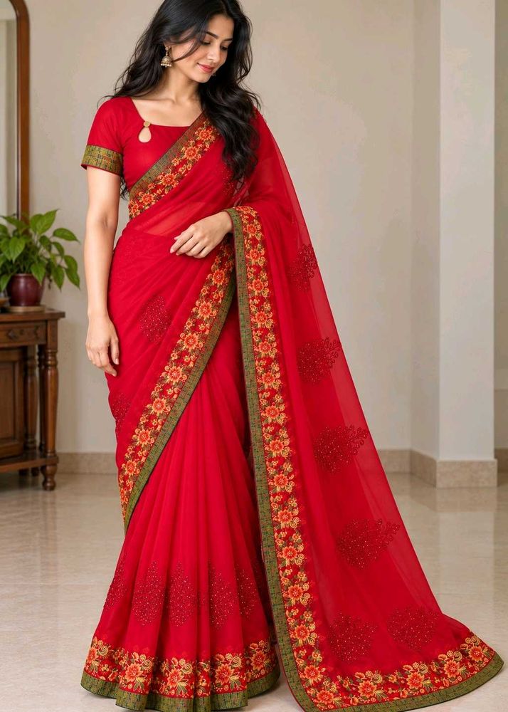 Magenta Pink Embroidered Saree with blouse