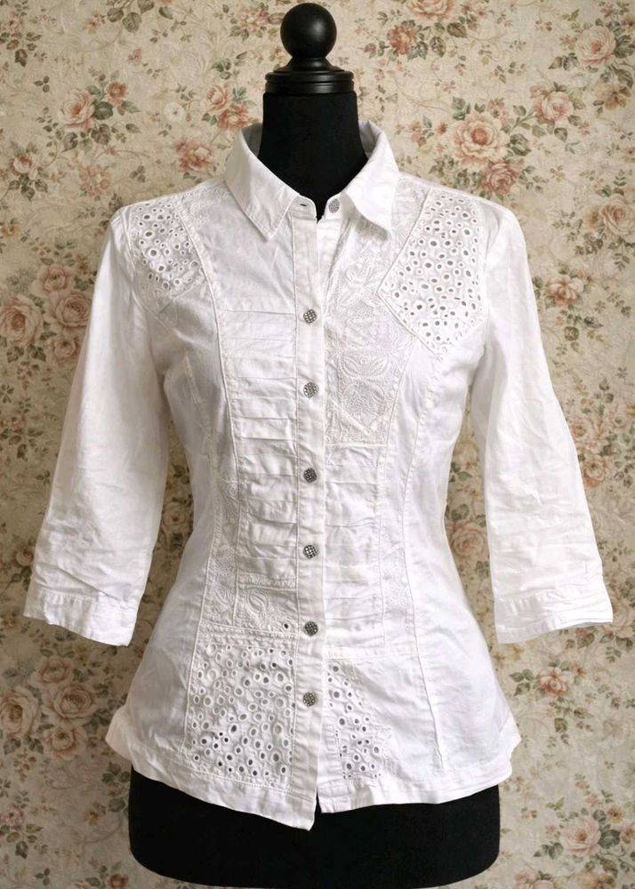 Chic White Cut work Button-Down Shirt