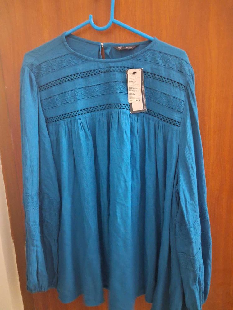 Blue Embroidered Long Sleeve Top