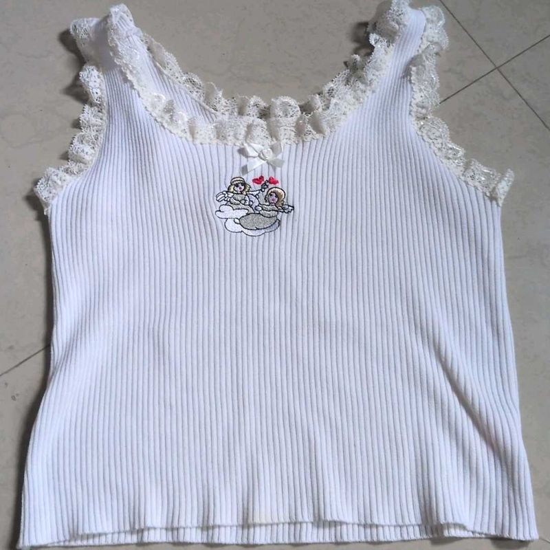 Cute Angel Graphic Y2K Lacey Ribbed Tank Top