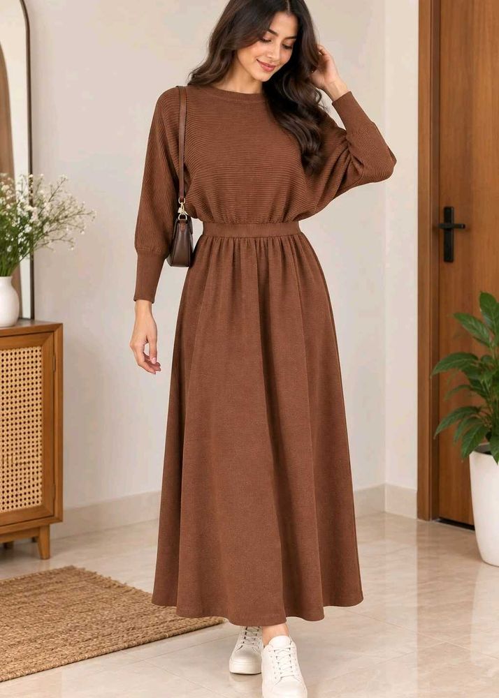 Brown Ribbed Knit Midi Dress