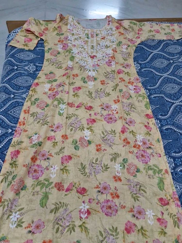 Floral Embroidered Yellow Kurta
