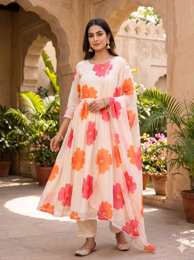 Floral Print Anarkali Kurta with Pants &amp; Dupatta
