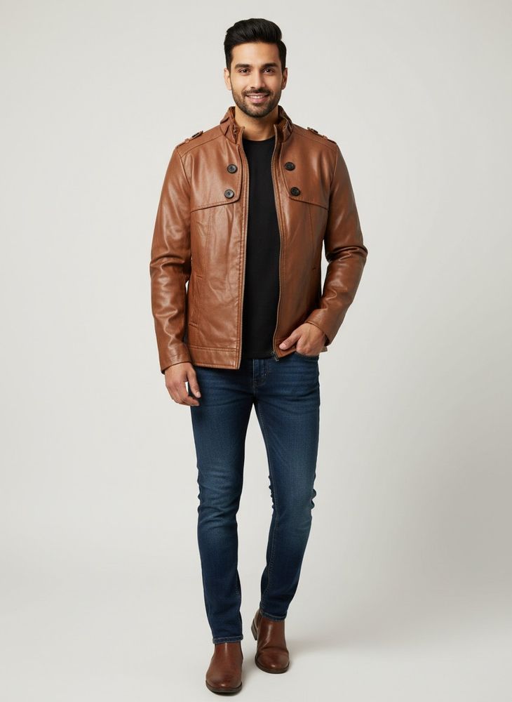 CNC Fashions Brown Faux Leather Jacket