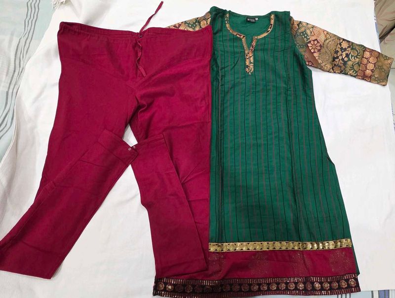 Elegant Green Kurta Set with Maroon Pants