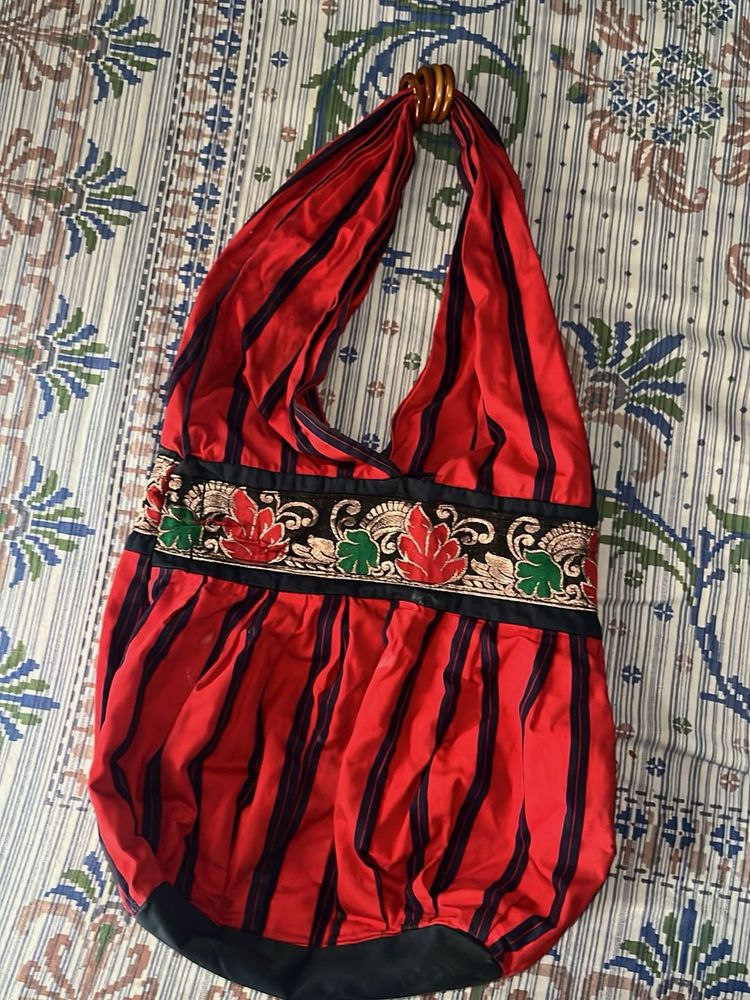Boho Red Striped Hobo Bag