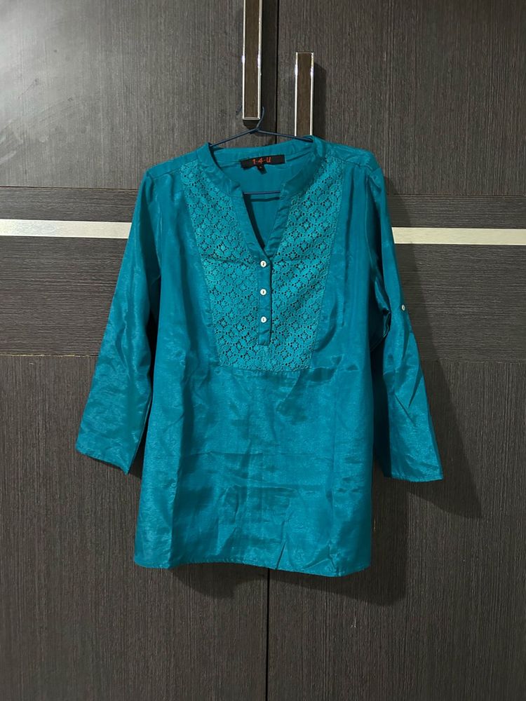 Teal Blue Embroidered Kurti for Women