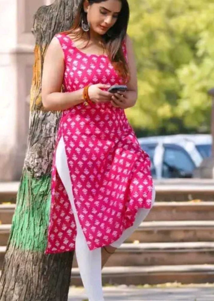 pink magenta straight sleeveless round neck kurti