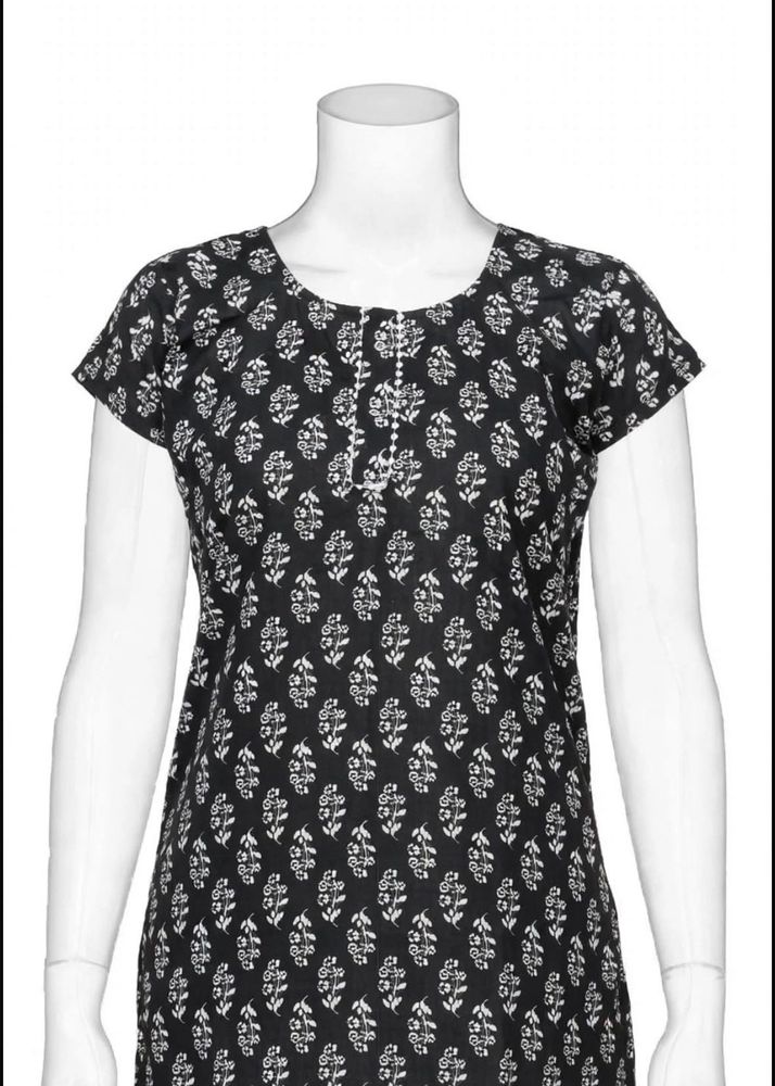 Black &amp; White Floral Print Kurta