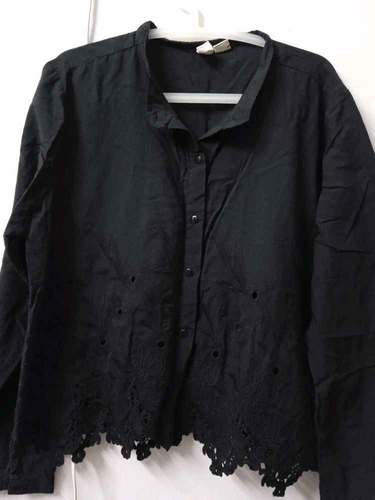 Black Embroidered Collared Shirt