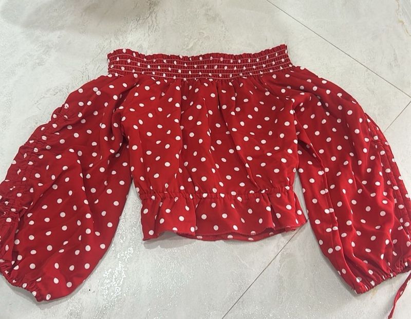 Red polka dot top with pull up sleeves