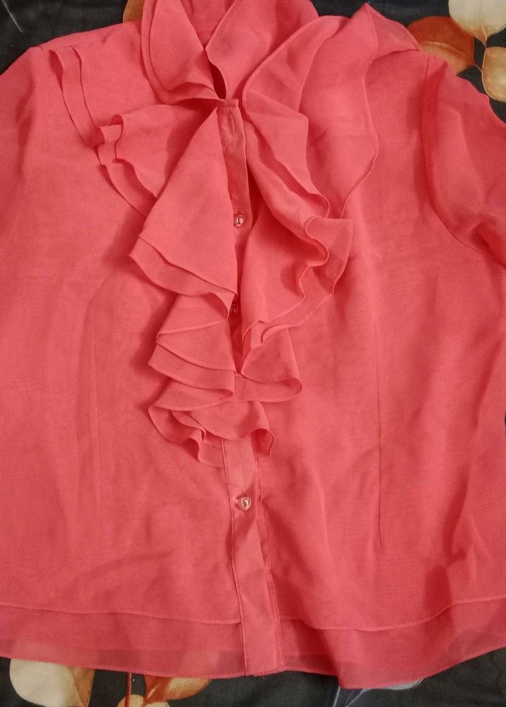 Sheer Coral Ruffle Blouse