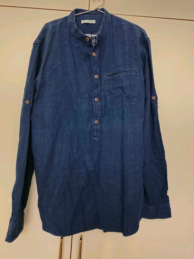Men's Blue Denim Shirt with Mandarin Collar