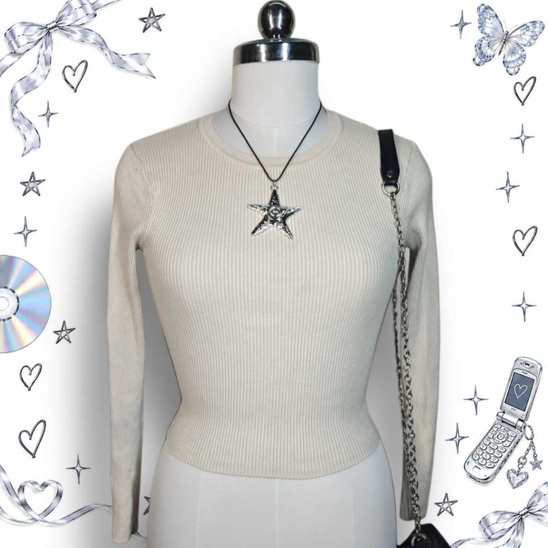 Zara Cream Ribbed Long Sleeve Top