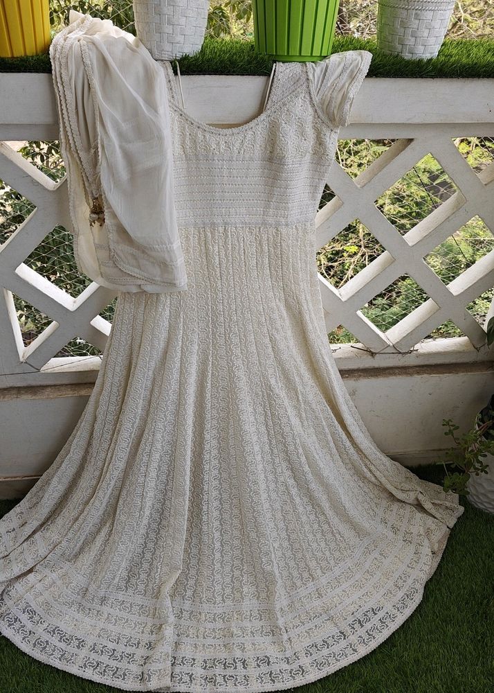 Double Flared White Anarkali