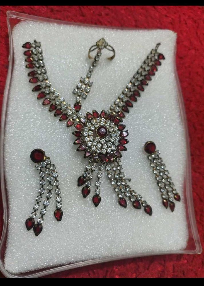 Rhinestone &amp; Ruby Necklace Set with Ring