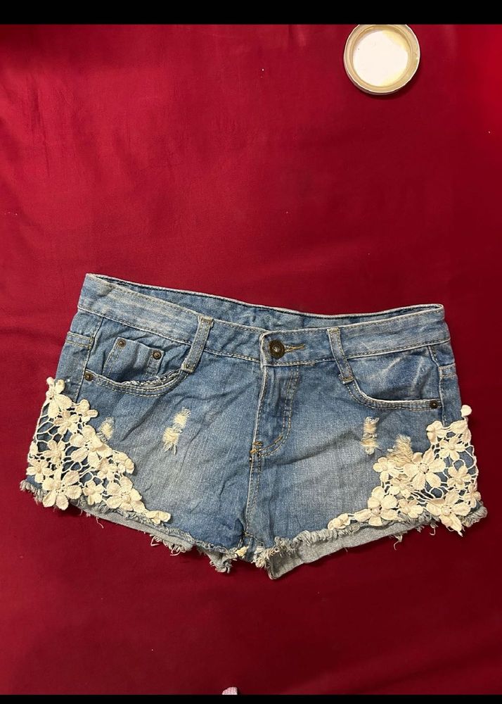 Denim Shorts with Lace Trim