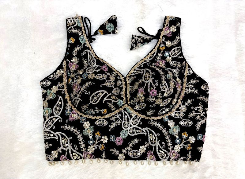 Sleeveless Embroidered Black Blouse