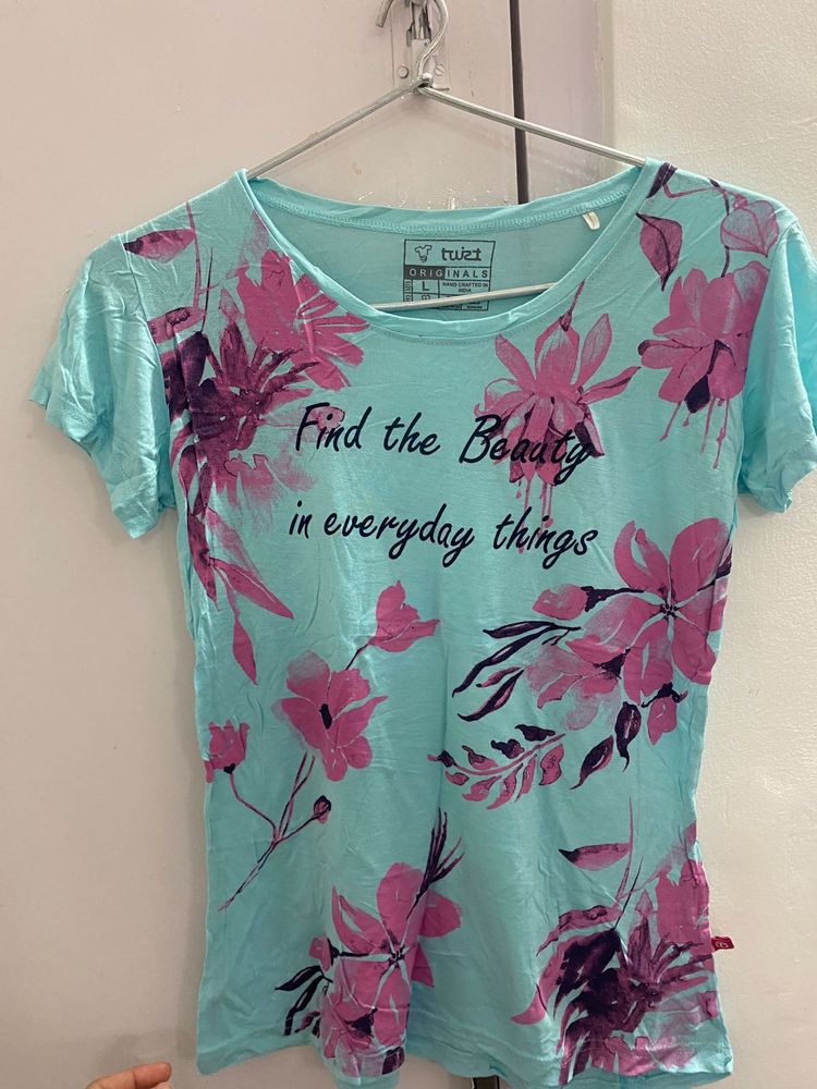 Aqua Blue Floral Graphic T-Shirt