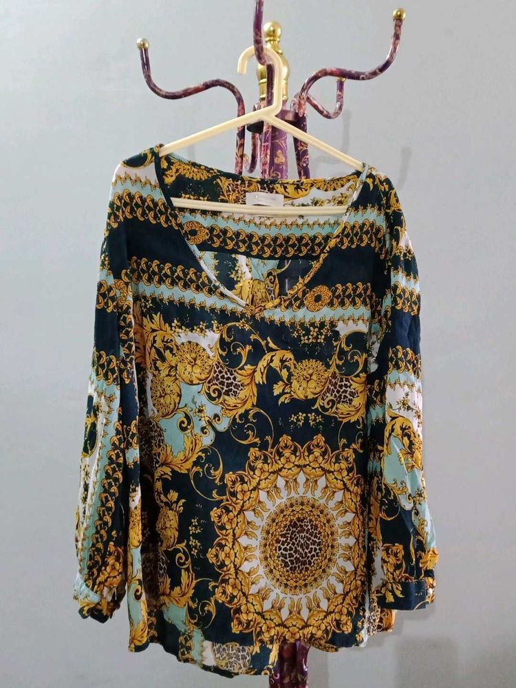 V-Neck Print Long Sleeve Tunic Top