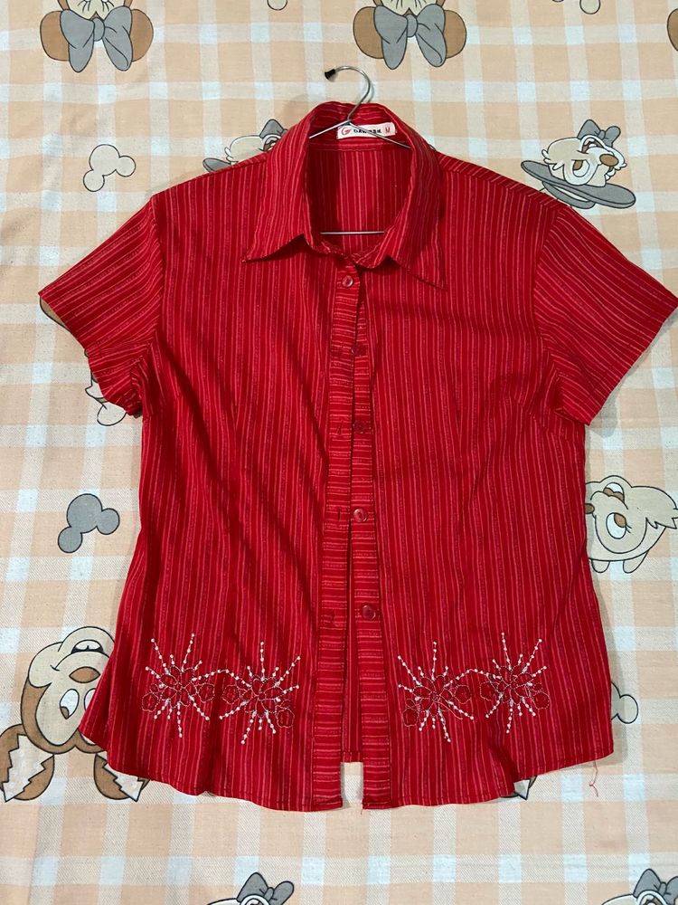 Red Striped Button-Up Blouse