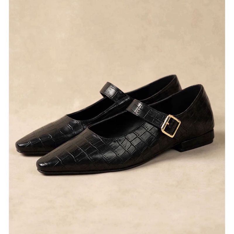 Chic Black Croc Mary Jane Flats