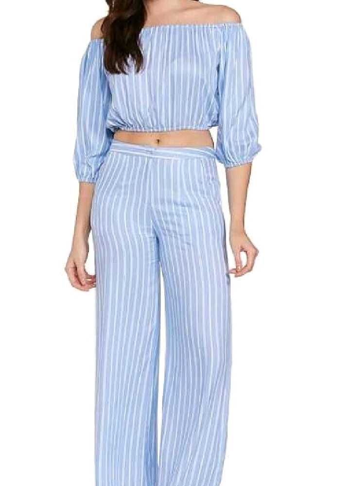 Grey Striped Off-Shoulder Co-ord Set
