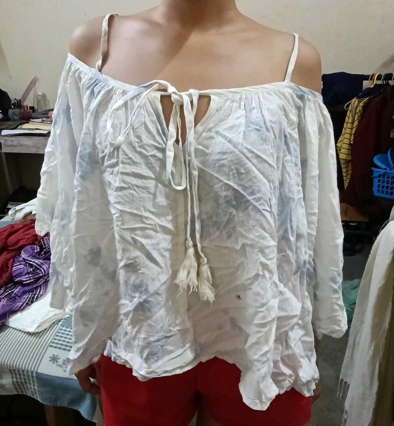 Flowy Off-Shoulder White Tassel Top