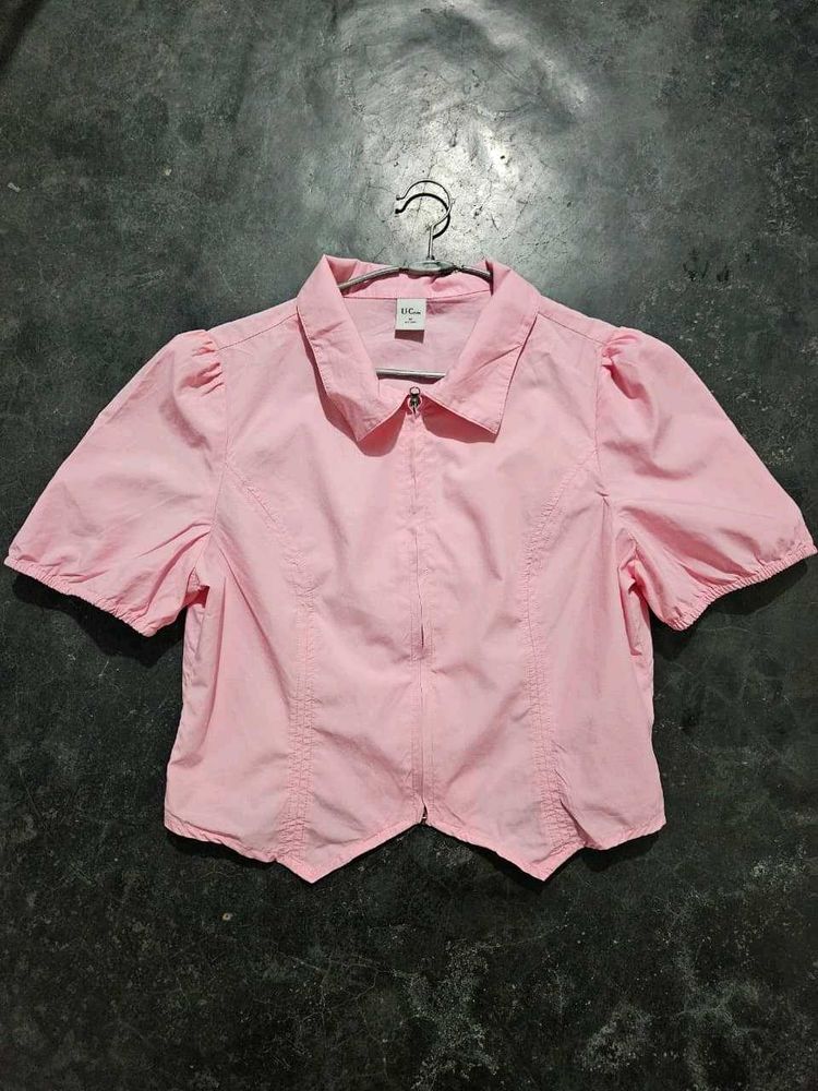 Pink Puff Sleeve Zip-Up Top