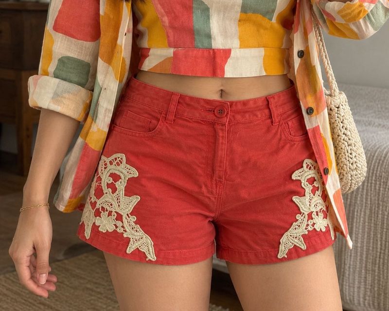 Red Lace Trim Denim Shorts