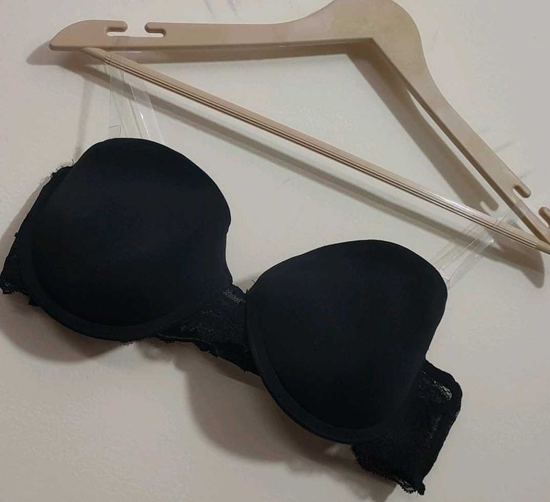 Black Strapless Lace Trim Bra For 34 B Bust