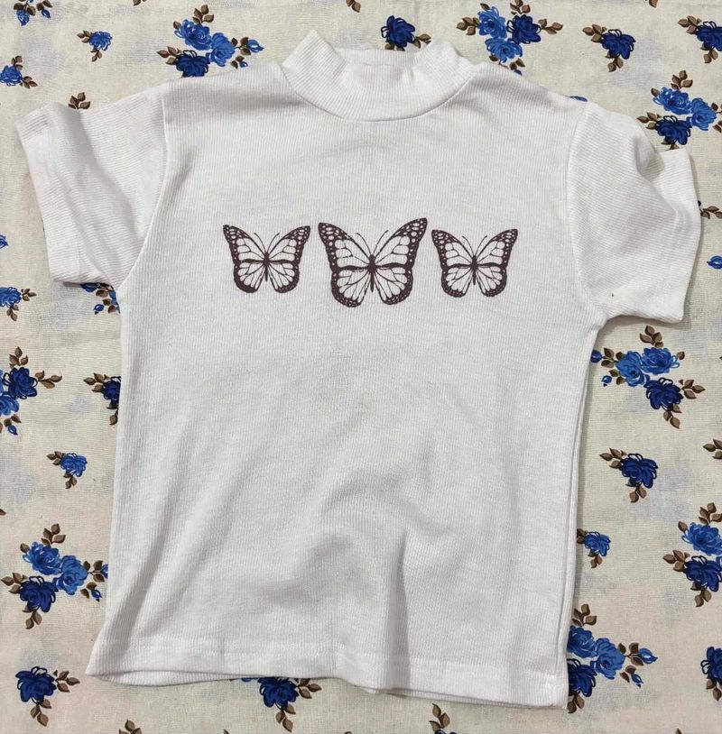 White Ribbed Mock Neck Butterfly Top
