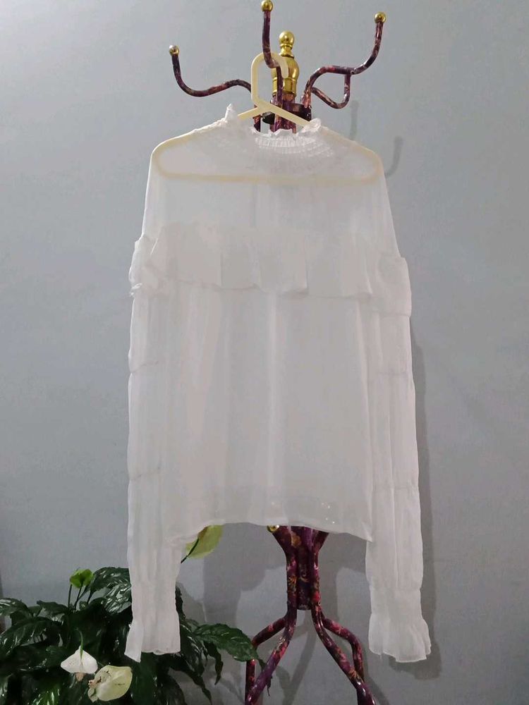 Elegant White Ruffled Sheer Blouse