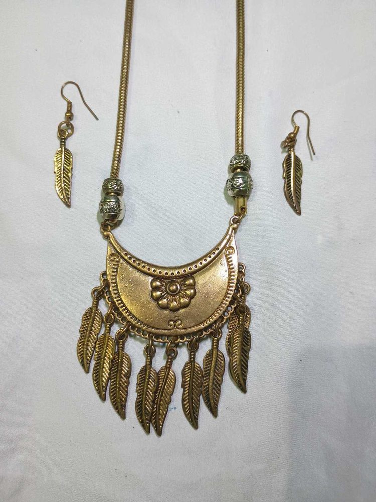 antique gold leaf Boho Necklace &amp; Earring Set