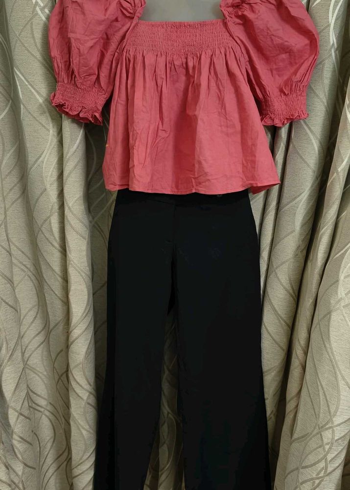 Chic Pink Puff Sleeve Square Neck Top