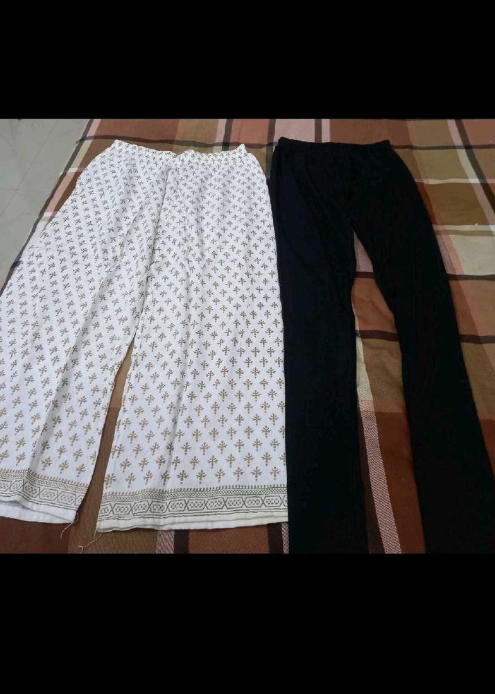 White Printed Palazzo &amp; Black Leggings Combo