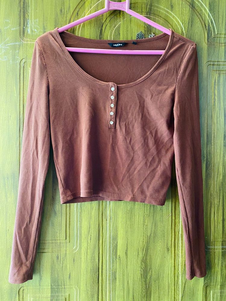 Brown Ribbed Long Sleeve Crop Top