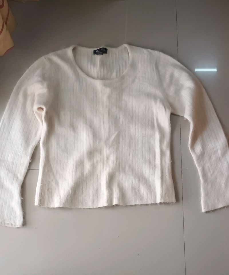 Cream Ribbed Long Sleeve Top