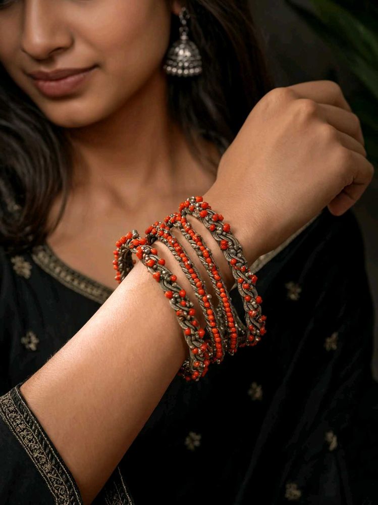 Red - Orange Boho Beaded set of 4 Bangles