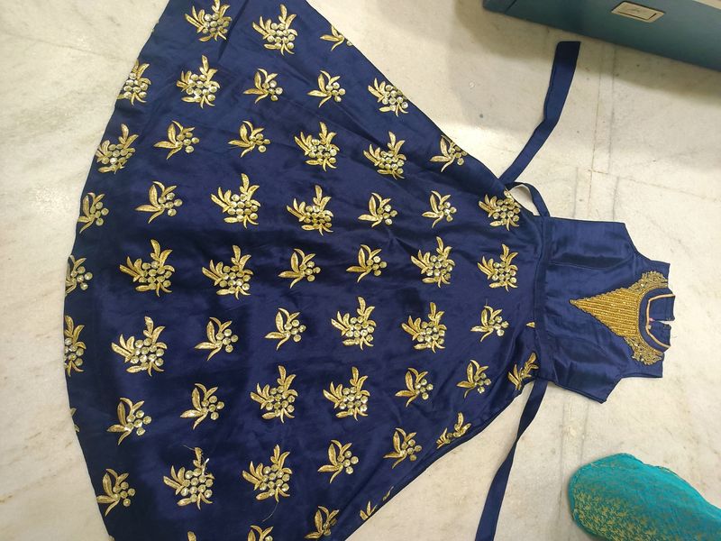 Blue &amp; Gold Embroidered Anarkali Dress