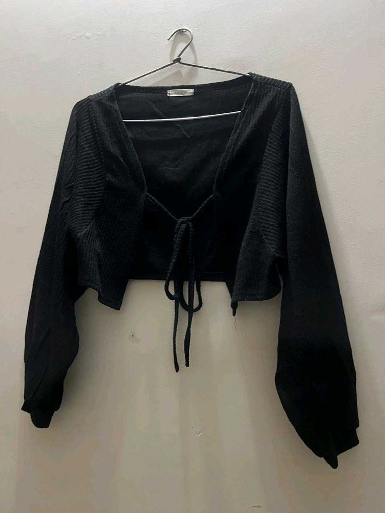 Black Ribbed Cropped Tie-Back Top