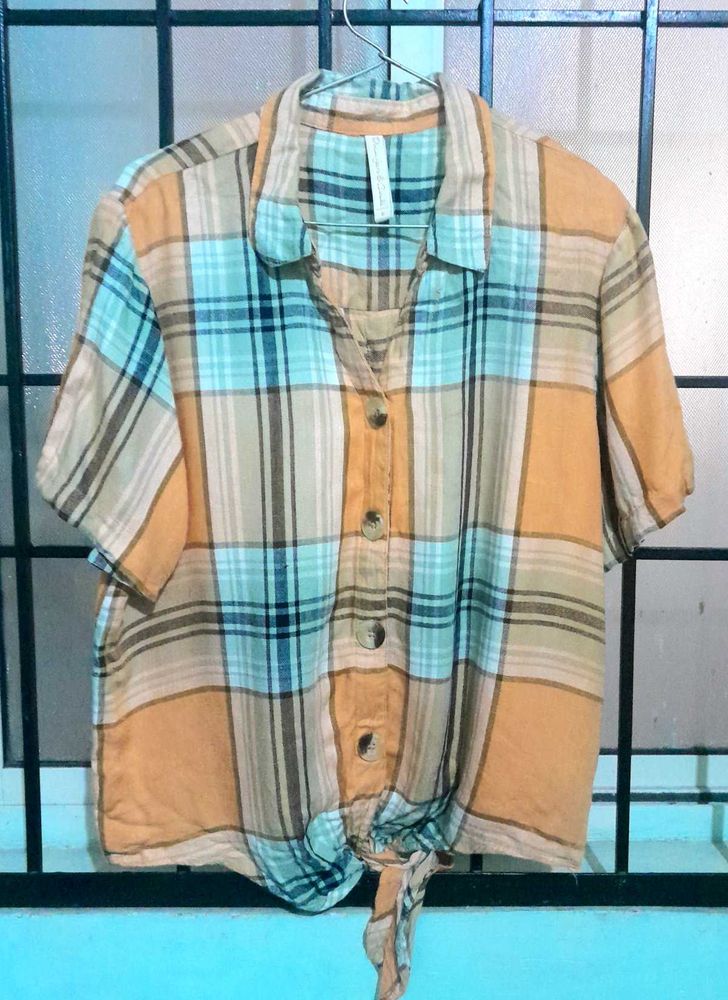Tied Plaid Button-Down Top