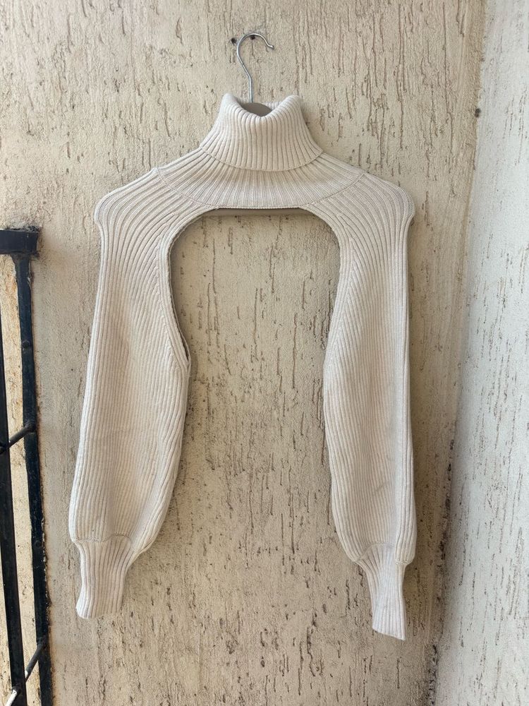 Cream Ribbed Turtleneck Sweater Arms