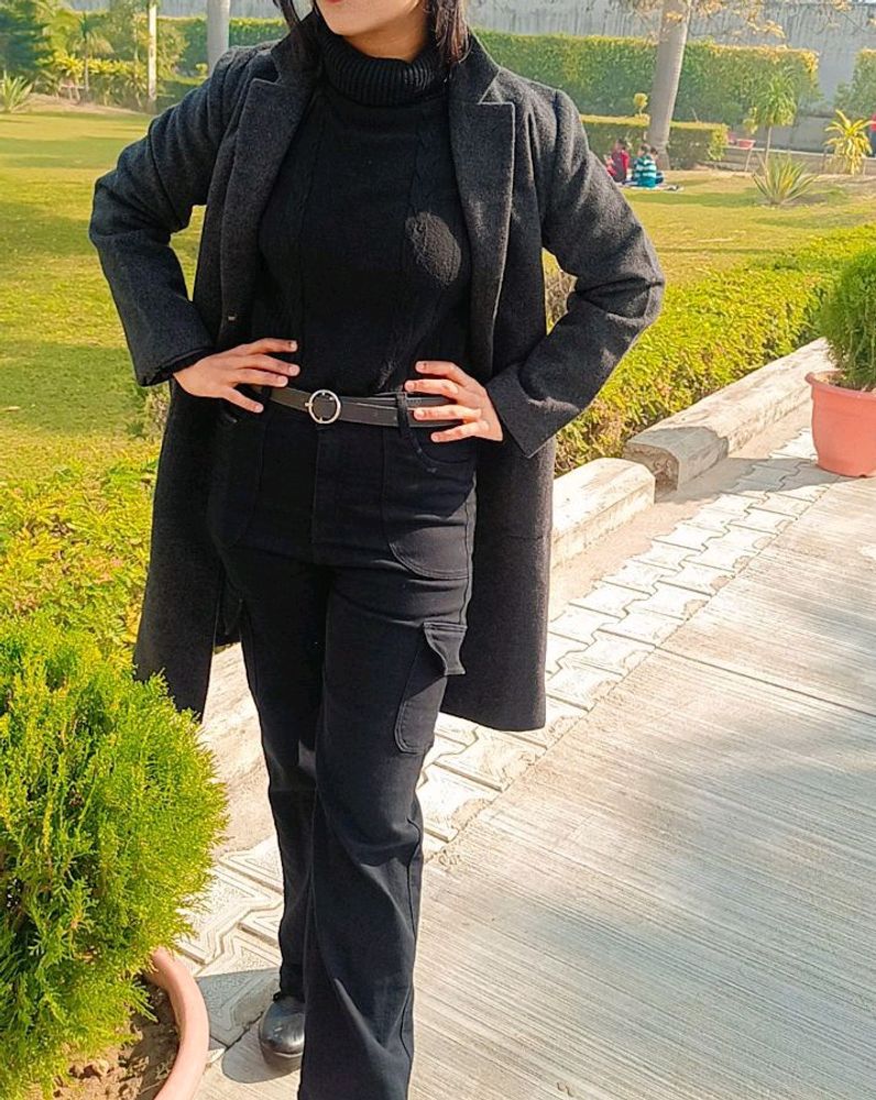Grey Winter Coat + High Neck Pullover + Faded Carg