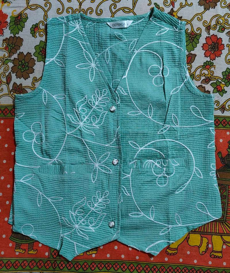 Teal Floral Print Sleeveless Vest
