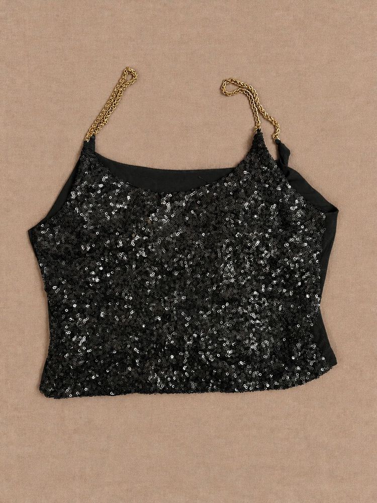 Sparkly Sequin Crop Top with Chain Detail