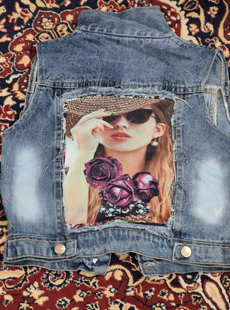 Unique Denim Vest with Art Print