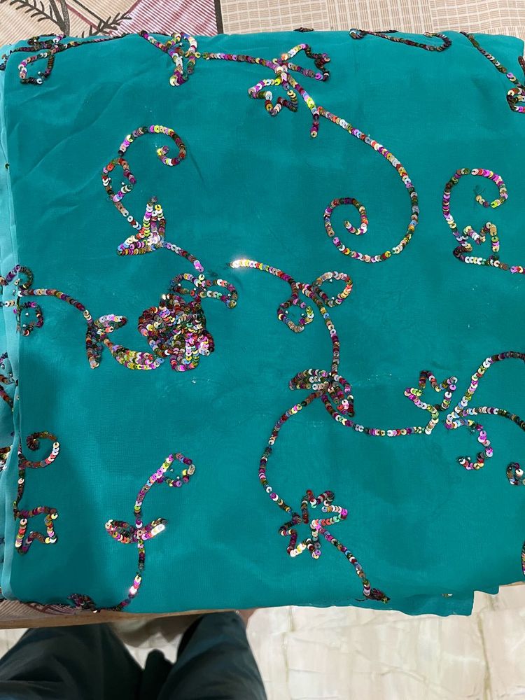 Teal Sequin Fabric Saree With Blouse