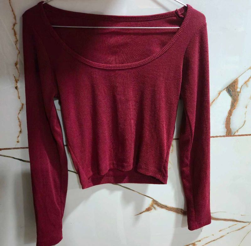 Maroon Ribbed Long Sleeve Crop Top