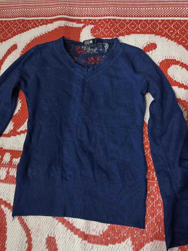 Blue V-Neck Top with Lace Detail and bell sleeves